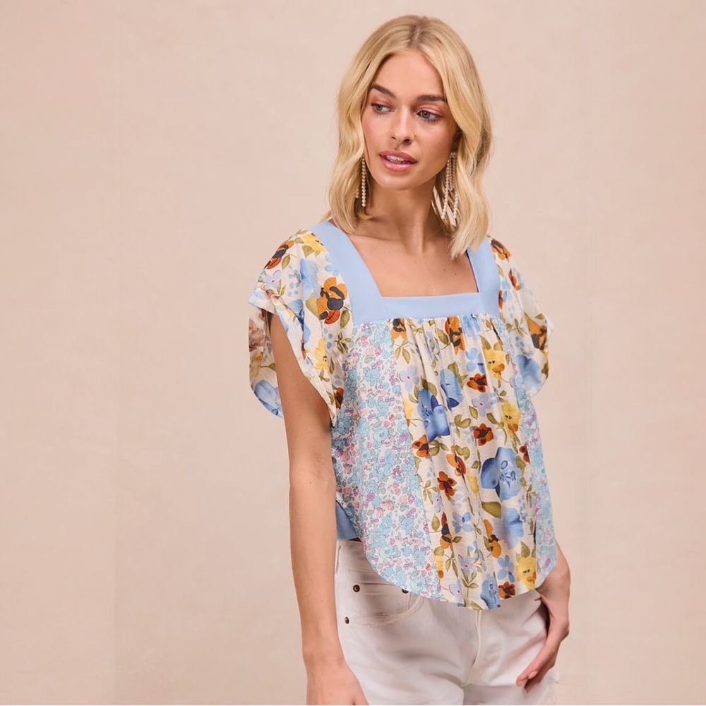 BiBi Floral Print Mix and Match Square Neck Blue Top